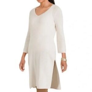 CHICOS TRAVELERS Ivory Knit Dress V Neck 3/4 Sleeve Women’s Sz M Side Slits